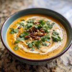 A bowl of vibrant spicy pumpkin soup topped with cream, cilantro, and toasted pumpkin seeds.