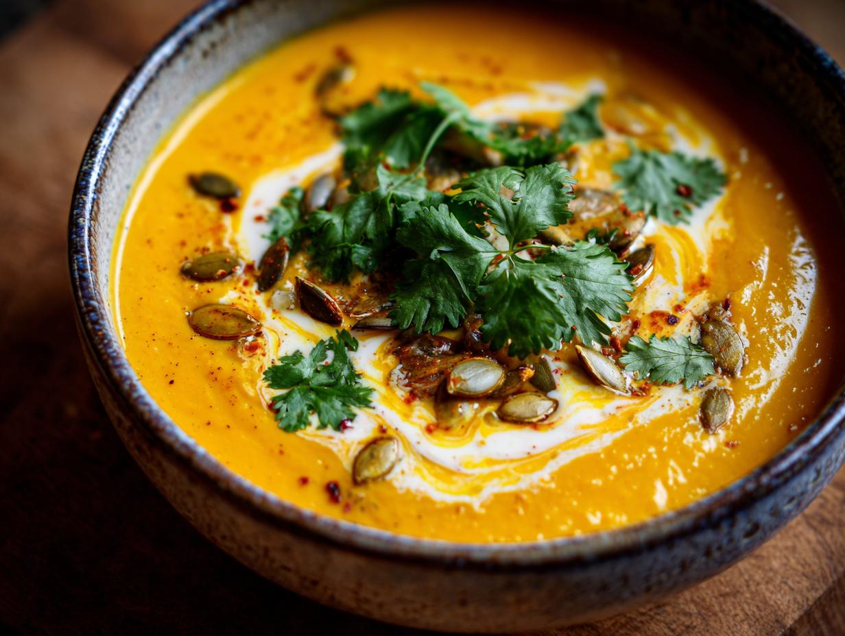 A close-up of a bowl of vibrant orange spicy pumpkin soup, garnished with cream swirls, pumpkin seeds, and fresh cilantro.