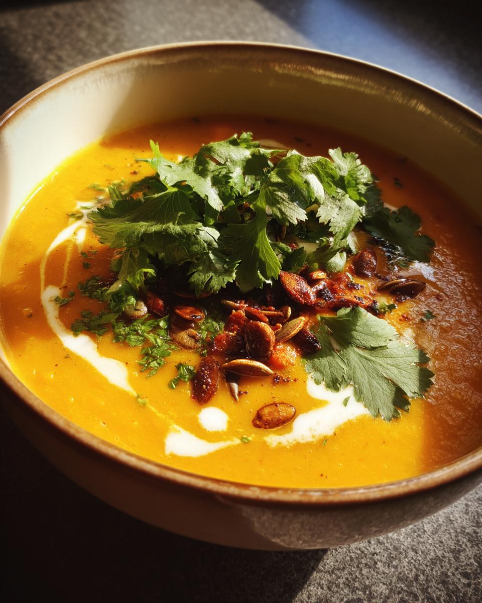 A bowl of vibrant spicy pumpkin soup topped with fresh cilantro, a swirl of cream, and toasted pepitas.