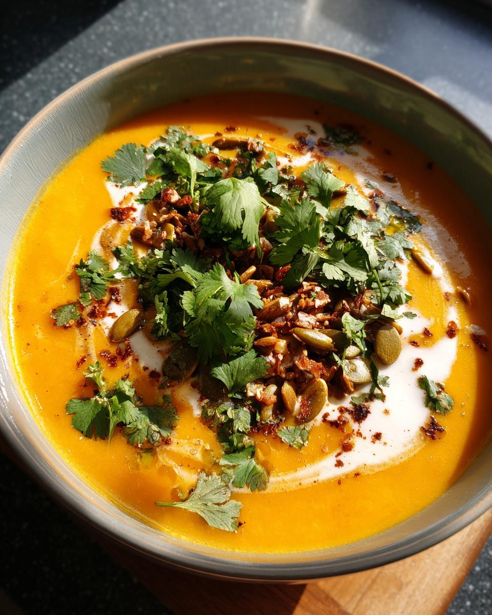 A bowl of vibrant orange spicy pumpkin soup topped with cream swirl, cilantro, pumpkin seeds, and chili flakes.