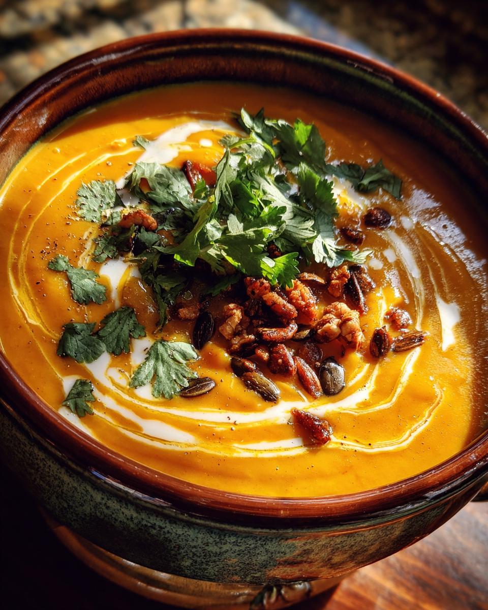 A close-up of a bowl of vibrant spicy pumpkin soup, swirled with cream and topped with fresh cilantro, pumpkin seeds, and crunchy bits.