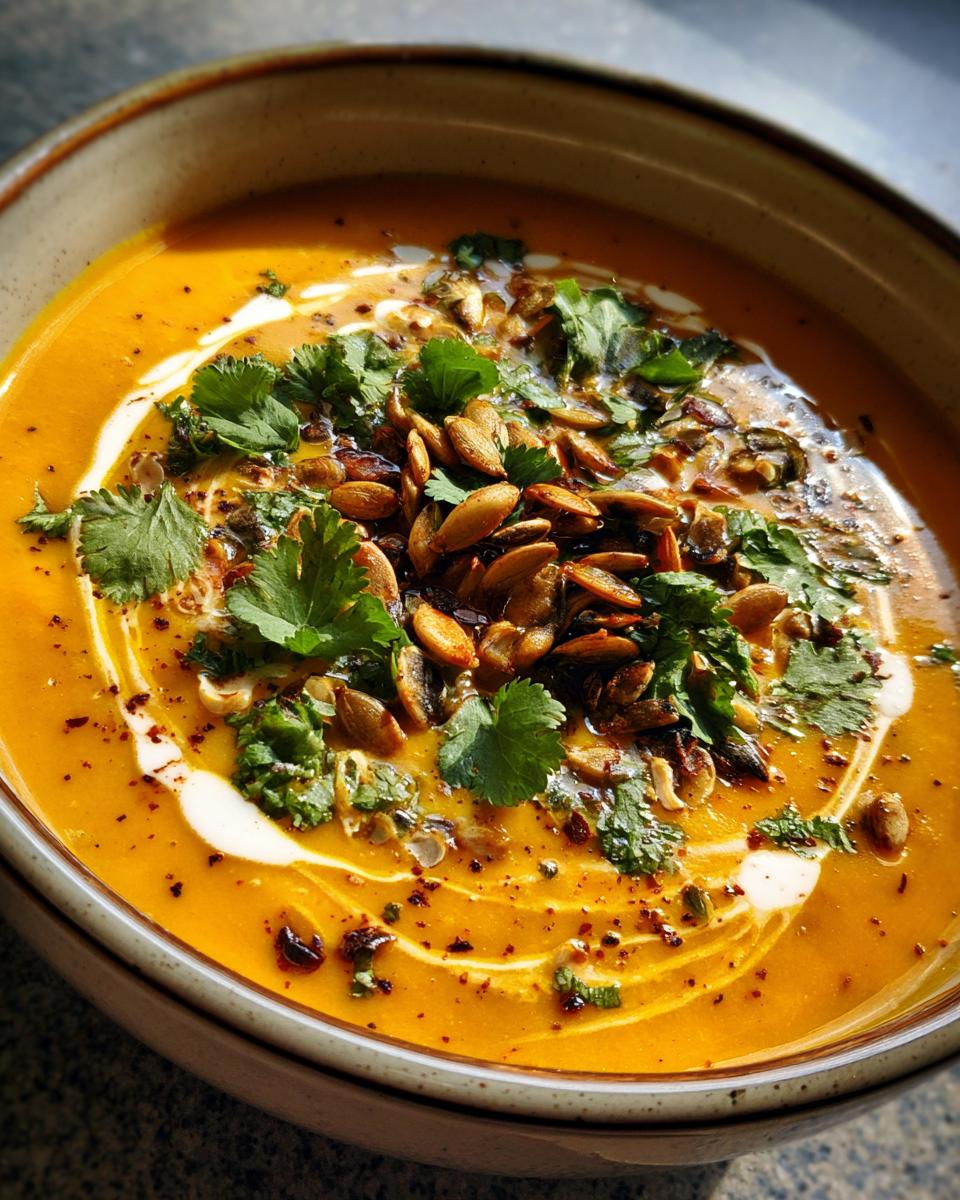 A bowl of vibrant orange spicy pumpkin soup, swirled with cream and topped with toasted pumpkin seeds and fresh cilantro.