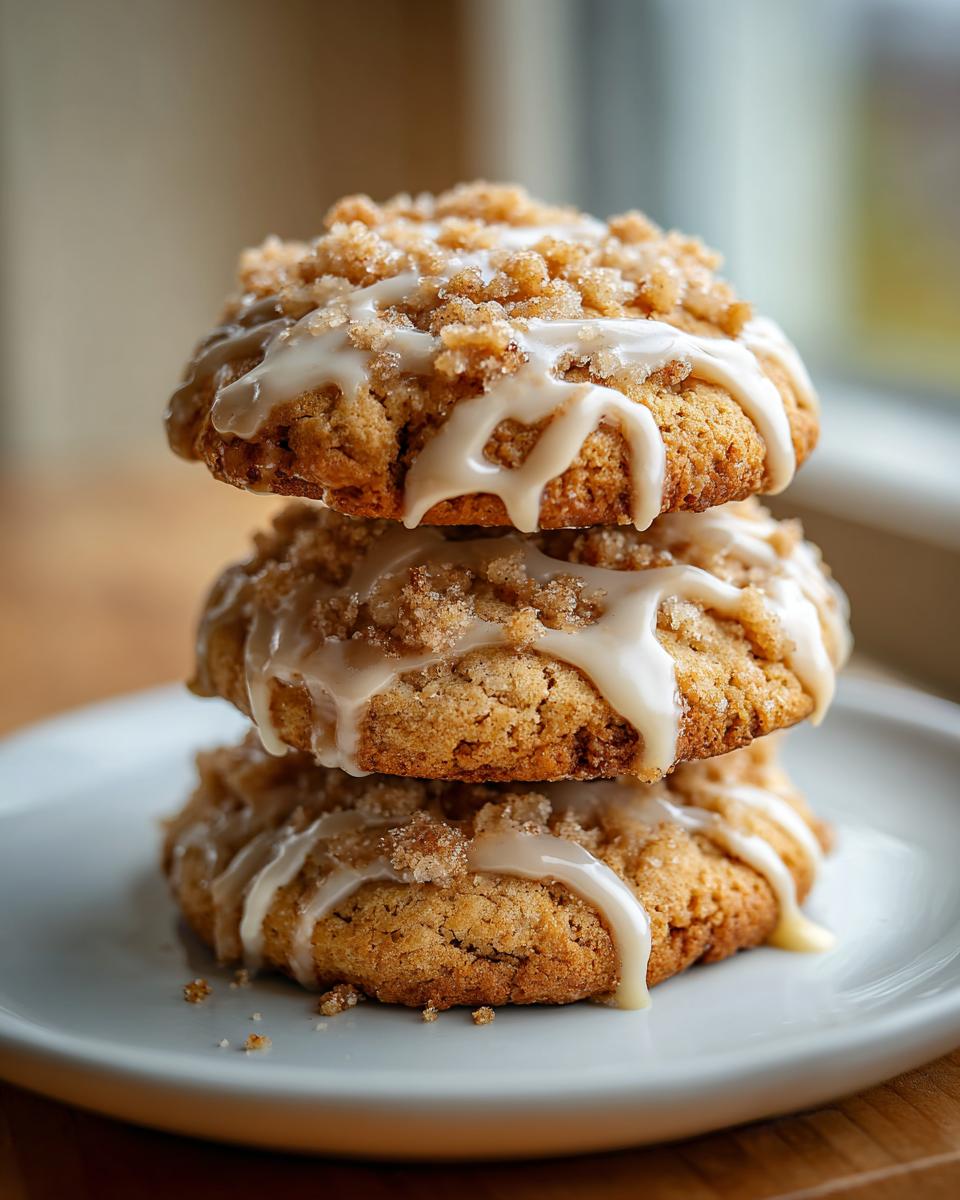 A stack of three delicious coffee cake cookies topped with cinnamon streusel and a vanilla glaze drizzle.