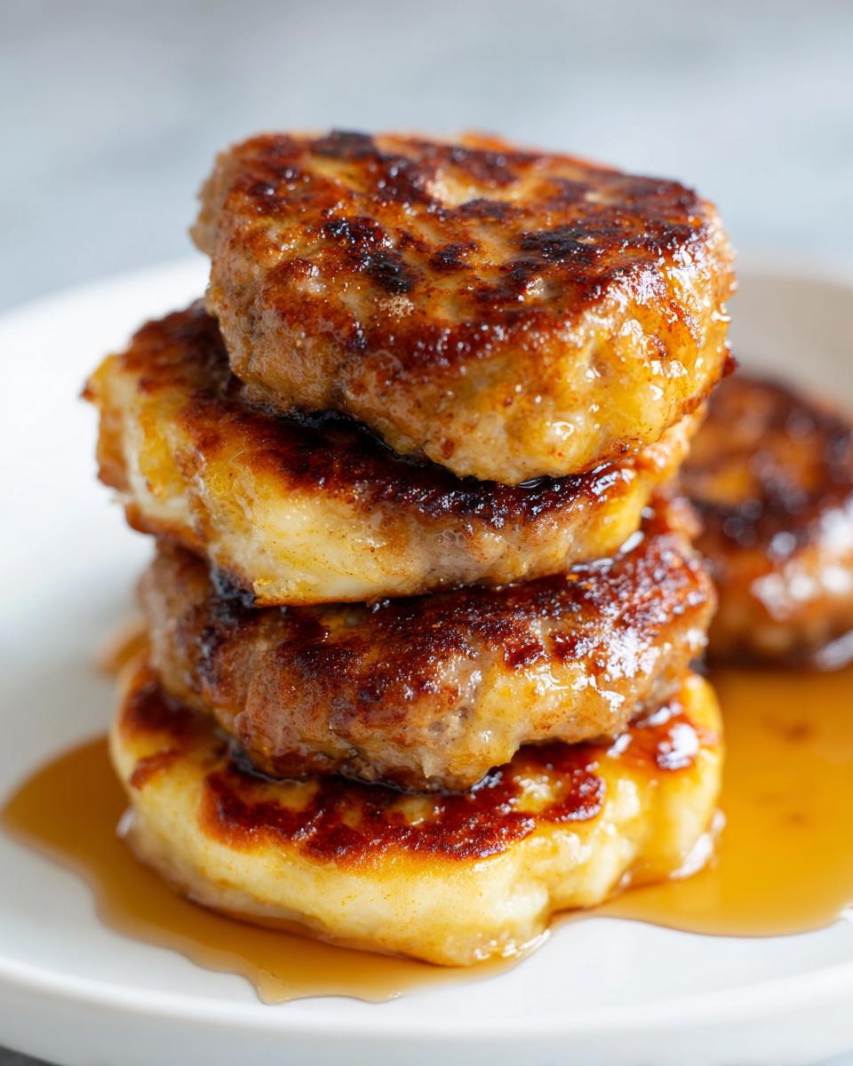 A vertical stack of four golden brown McGriddle bites drizzled with maple syrup on a white plate.