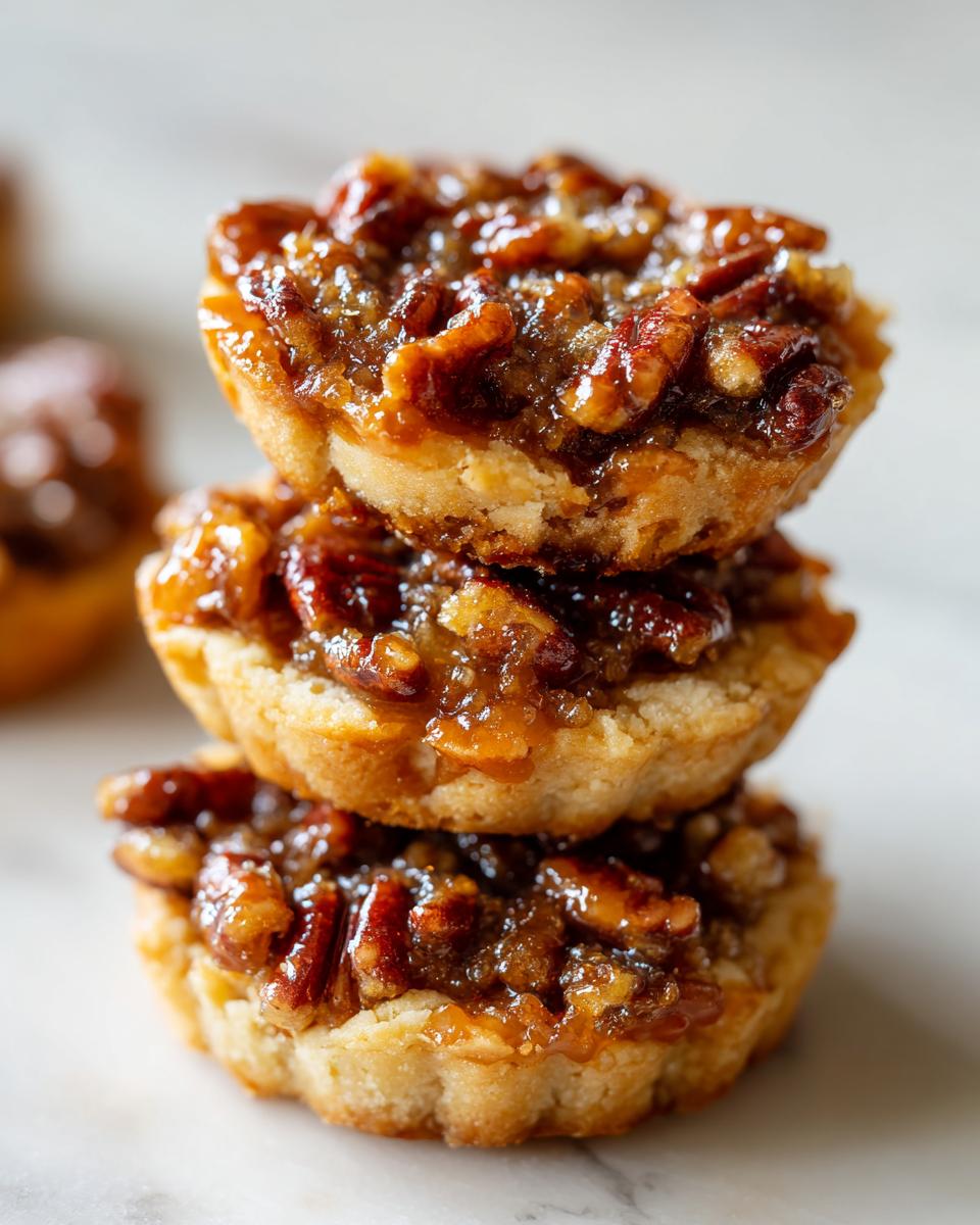 A close-up stack of three gooey pecan pie cookies with a buttery crust and caramelized pecan topping.