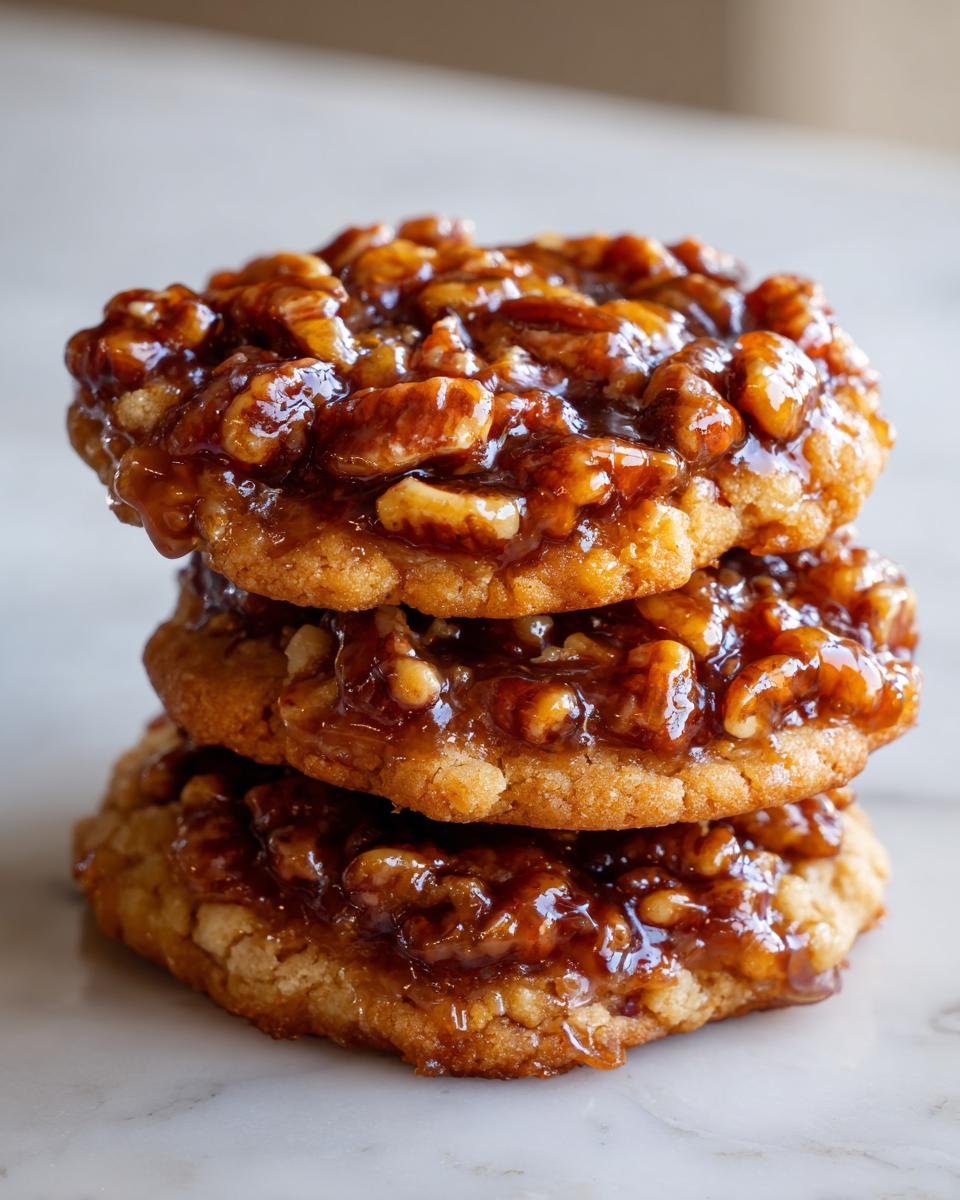 A stack of three rich, gooey pecan pie cookies topped with caramelized pecans.
