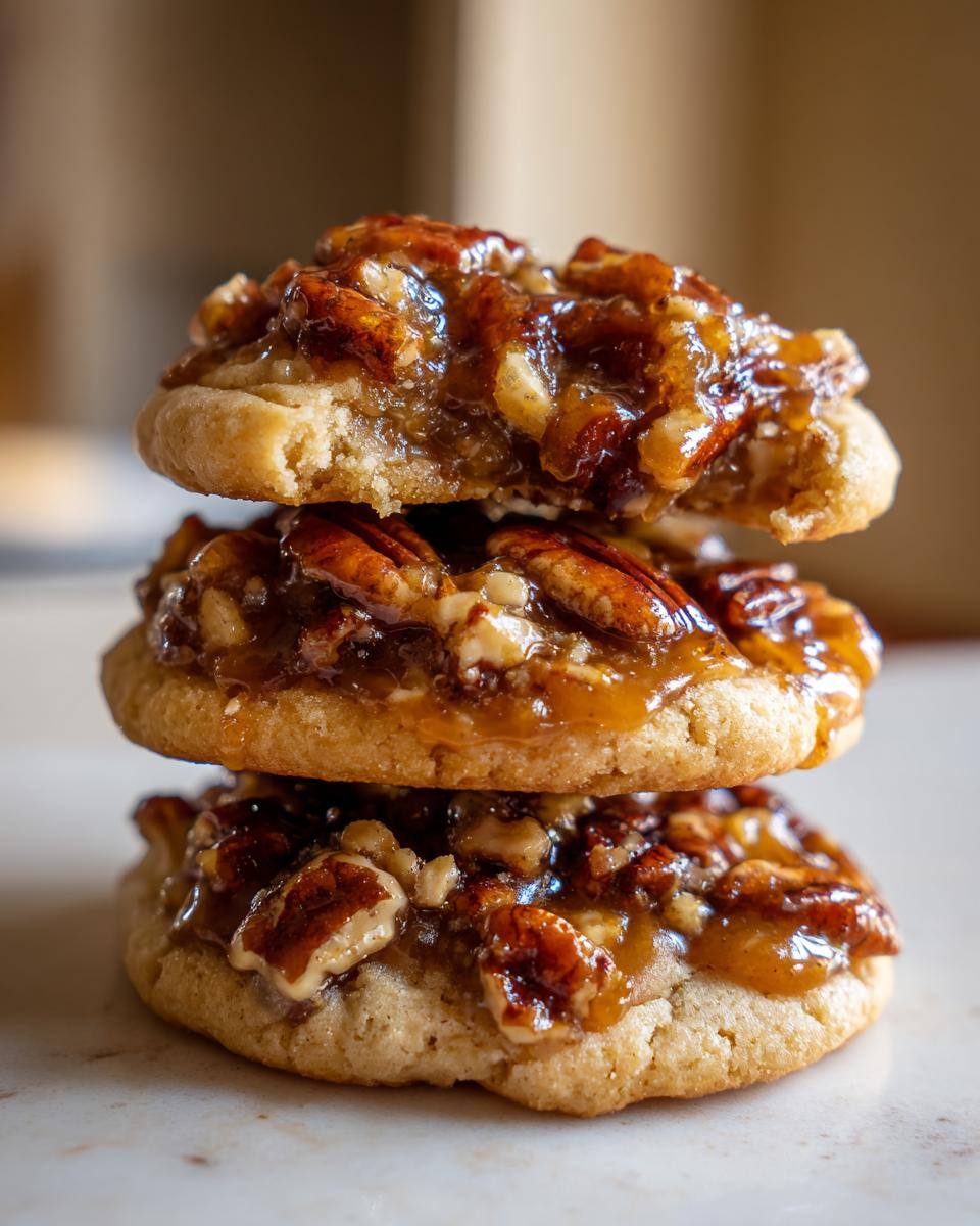 A stack of three delicious pecan pie cookies topped with sticky caramel and whole pecans.