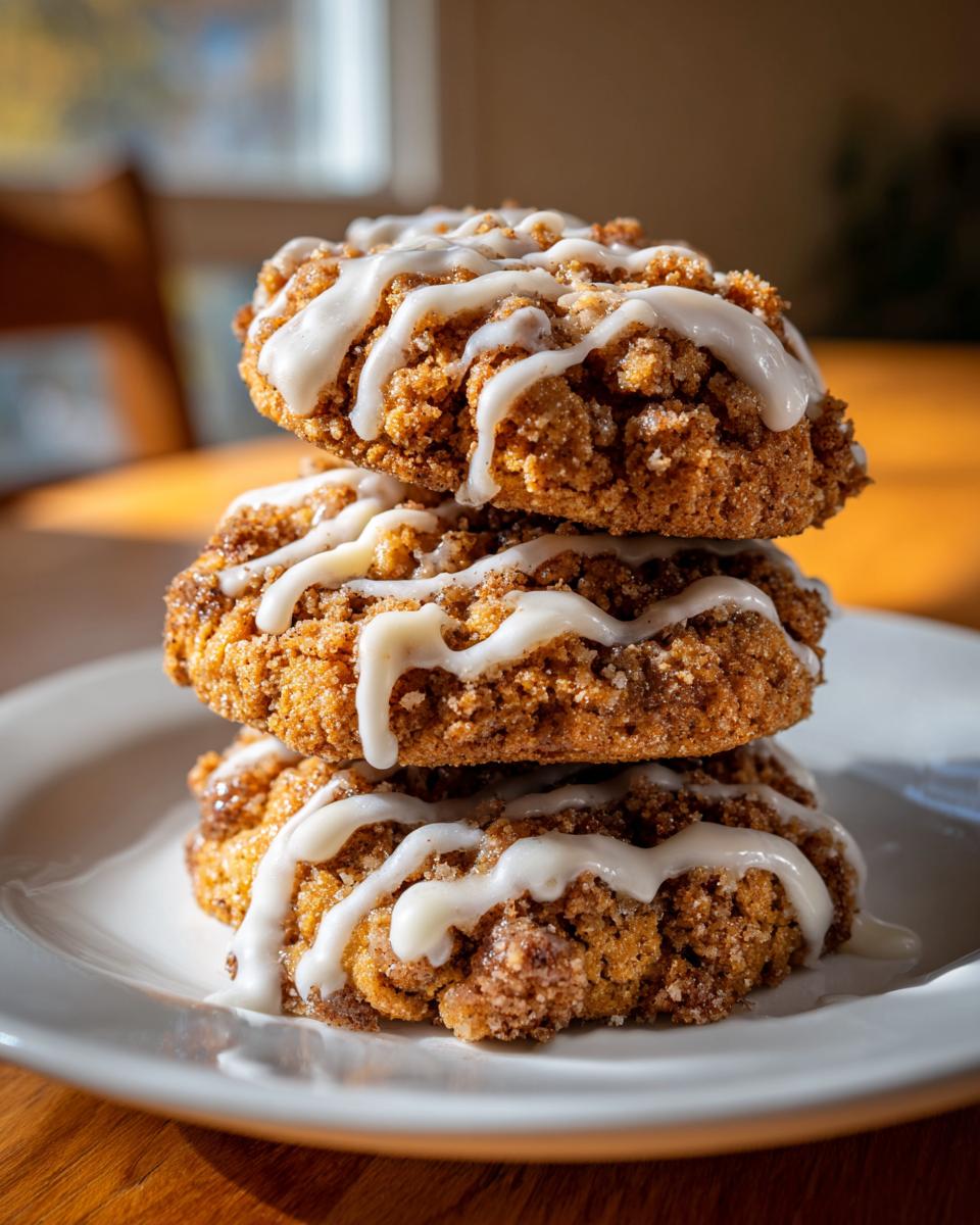 Three stacked coffee cake cookies covered in cinnamon streusel and drizzled with white icing.