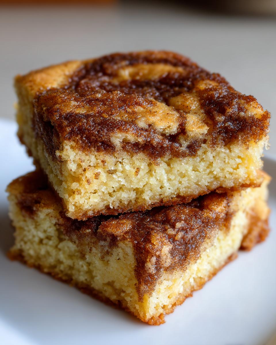 Two stacked squares of soft snickerdoodle blondies featuring a rich, brown cinnamon sugar swirl topping.
