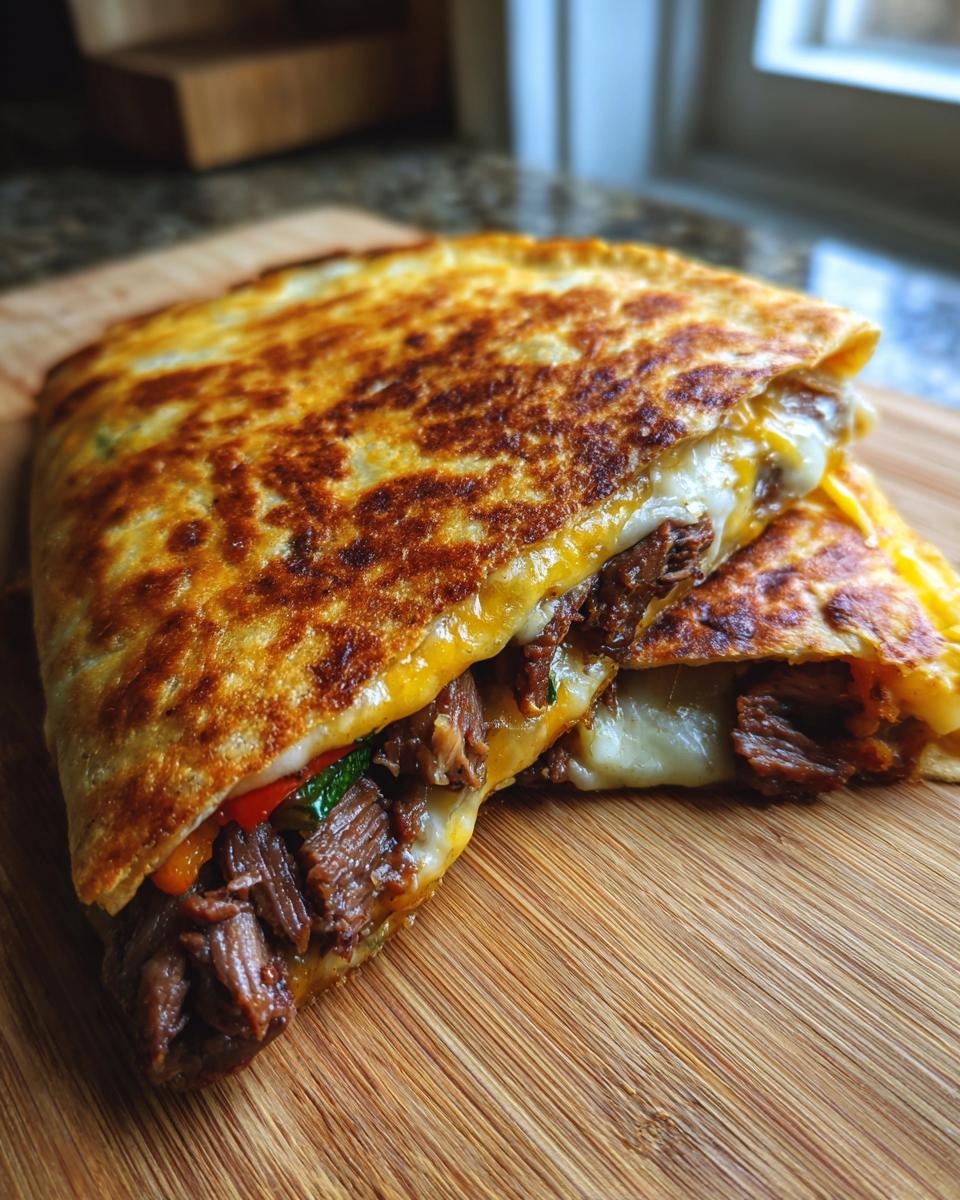 A golden-brown steak and cheese quesadilla, sliced in half, revealing tender steak and melted cheese.