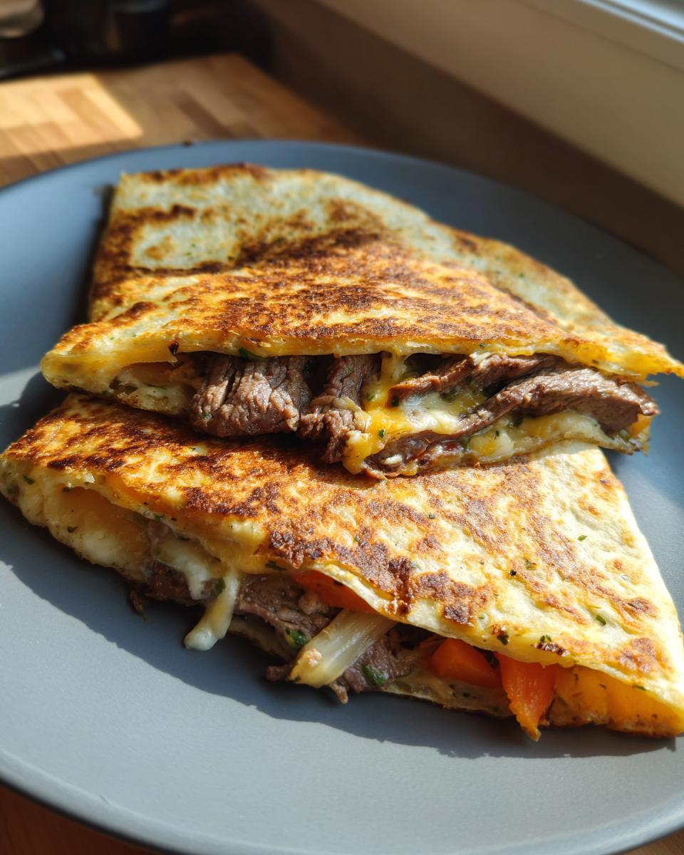 A golden-brown steak and cheese quesadilla, sliced in half, revealing tender steak, melted cheese, and vegetables.