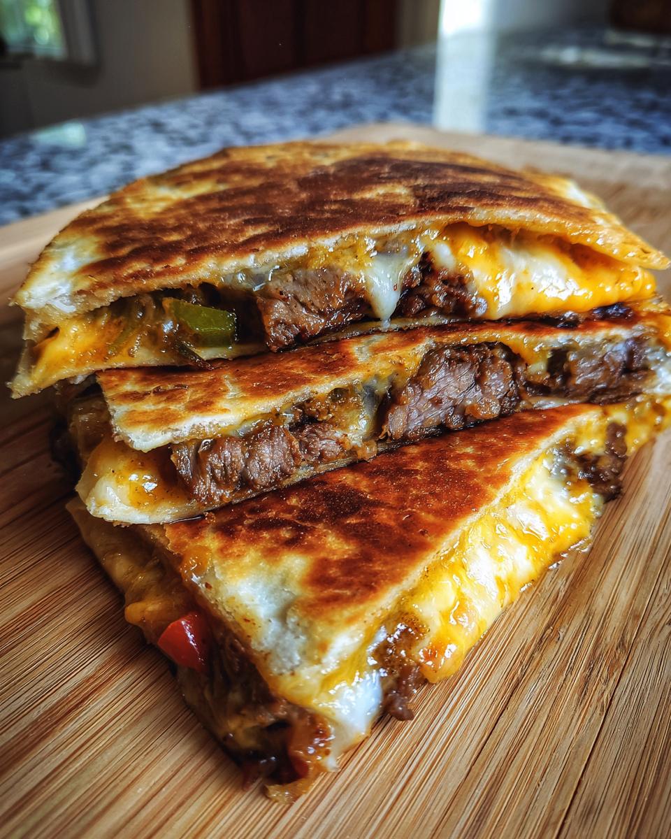 A close-up of a steak and cheese quesadilla, cut into wedges and stacked, showing melted cheese and tender steak.