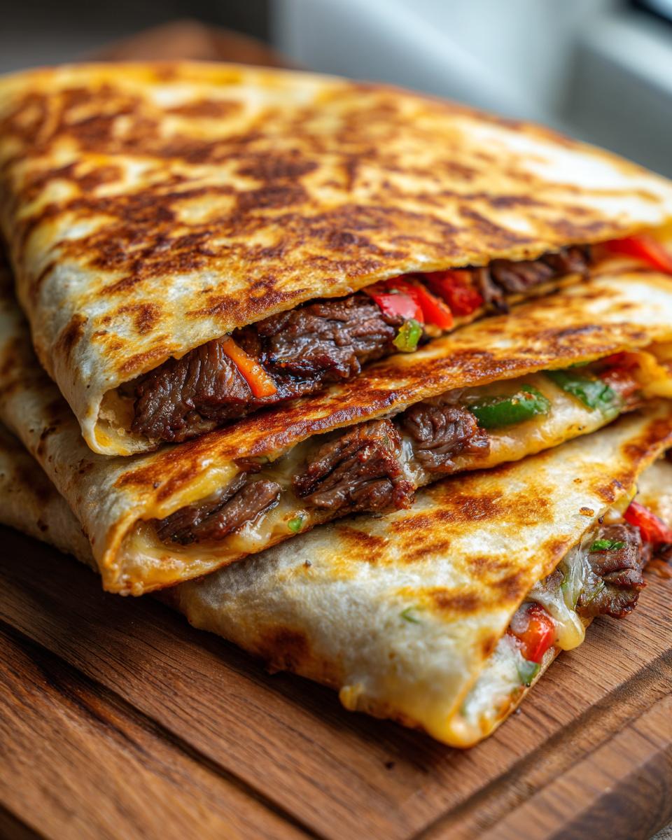 A close-up of a stack of three steak and cheese quesadillas, filled with tender steak, melted cheese, and colorful bell peppers.