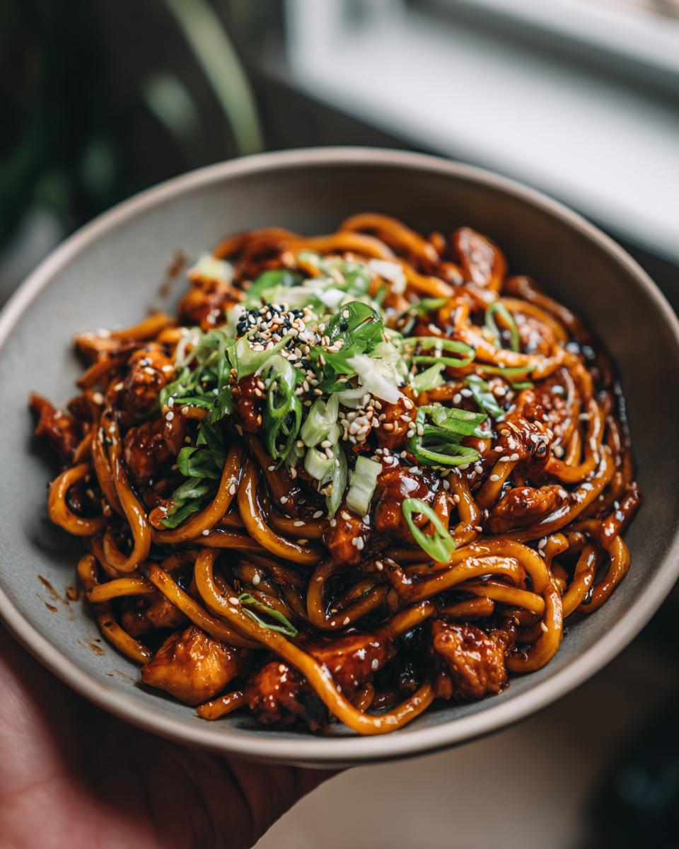 A close-up of a bowl filled with glossy Sticky Garlic Chicken Noodles, topped with sesame seeds and chopped green onions.