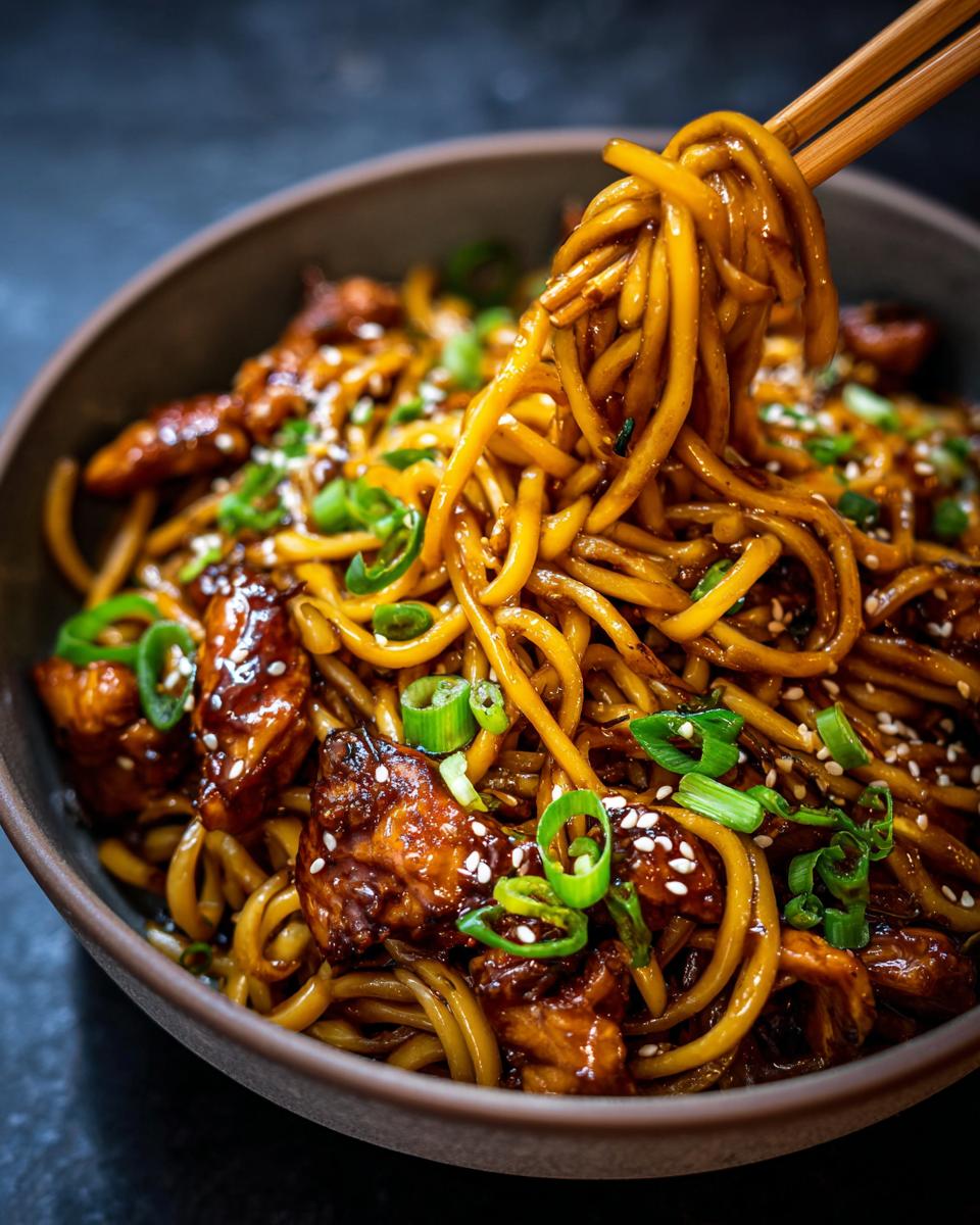 A close-up shot of sticky garlic chicken noodles being lifted with chopsticks from a bowl, garnished with sesame seeds and green onions.