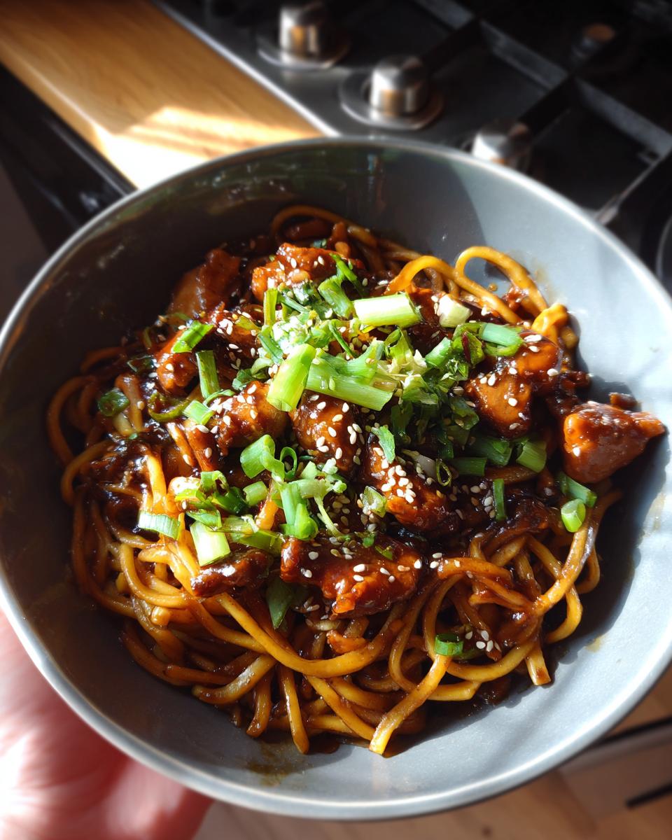A close-up of a bowl filled with delicious sticky garlic chicken noodles, garnished with green onions and sesame seeds.