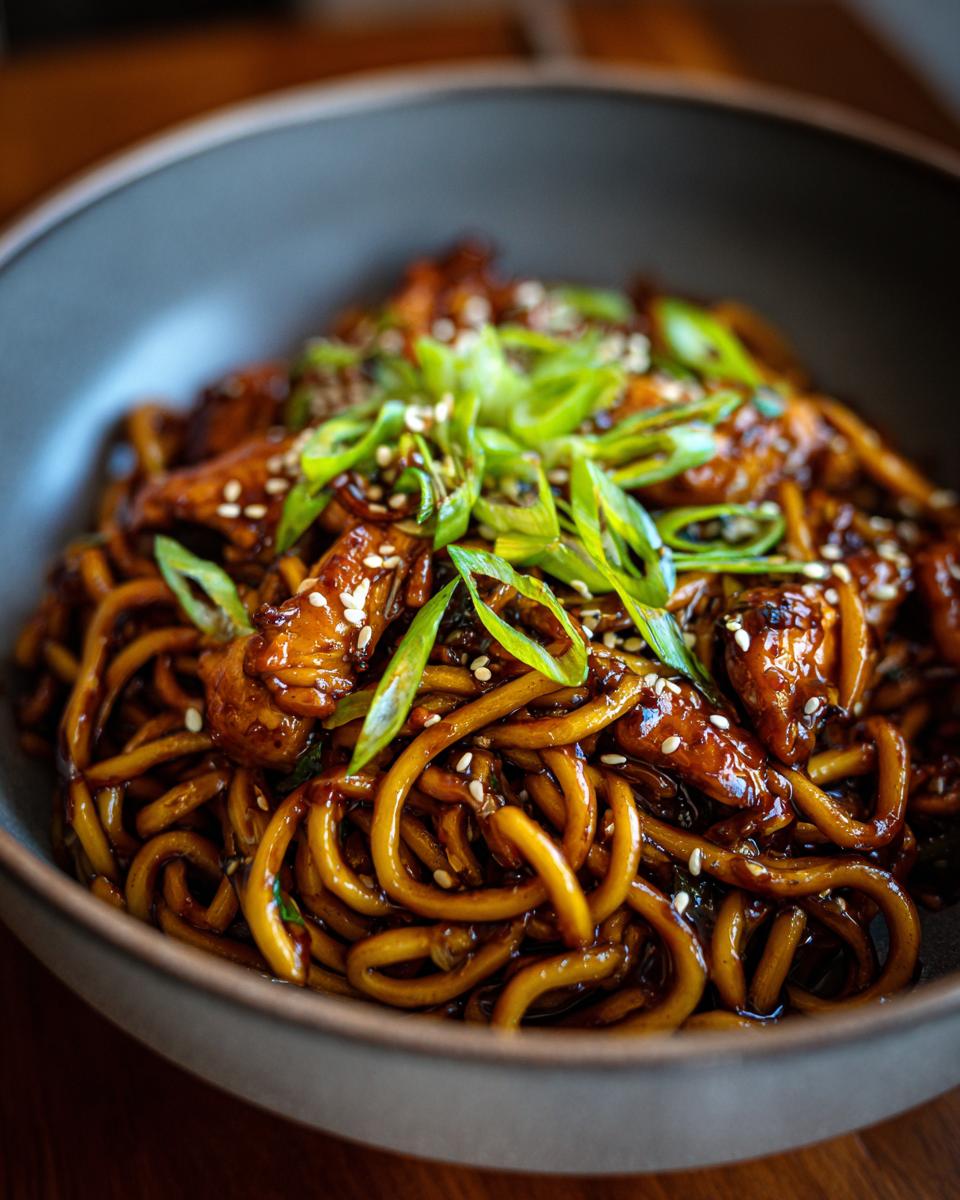 Close-up of a bowl of sticky garlic chicken noodles, garnished with sesame seeds and green onions.