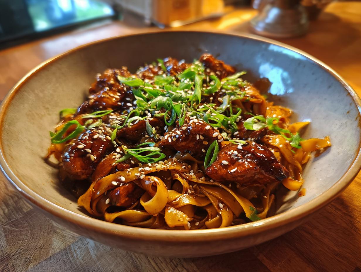 A close-up of a bowl filled with sticky garlic chicken noodles, garnished with sesame seeds and green onions.