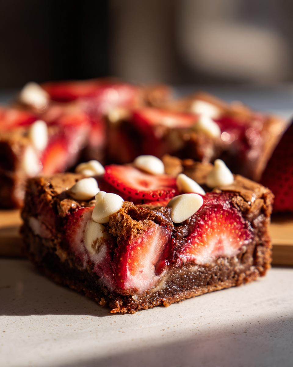 A close-up of a Strawberries and Cream Magic Bar, showcasing fresh strawberries, white chocolate chips, and a rich brownie base.