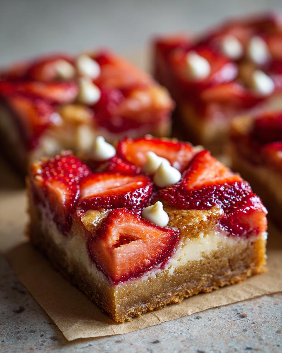 Close-up of a slice of Strawberries and Cream Magic Bars, topped with fresh strawberries and white chocolate chips.