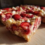 Close-up of a slice of Strawberries and Cream Magic Bars, showing fresh strawberries and white chocolate chips.