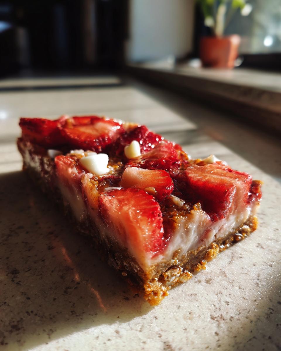 A close-up of a slice of Strawberries and Cream Magic Bars, showcasing fresh strawberries and creamy filling.