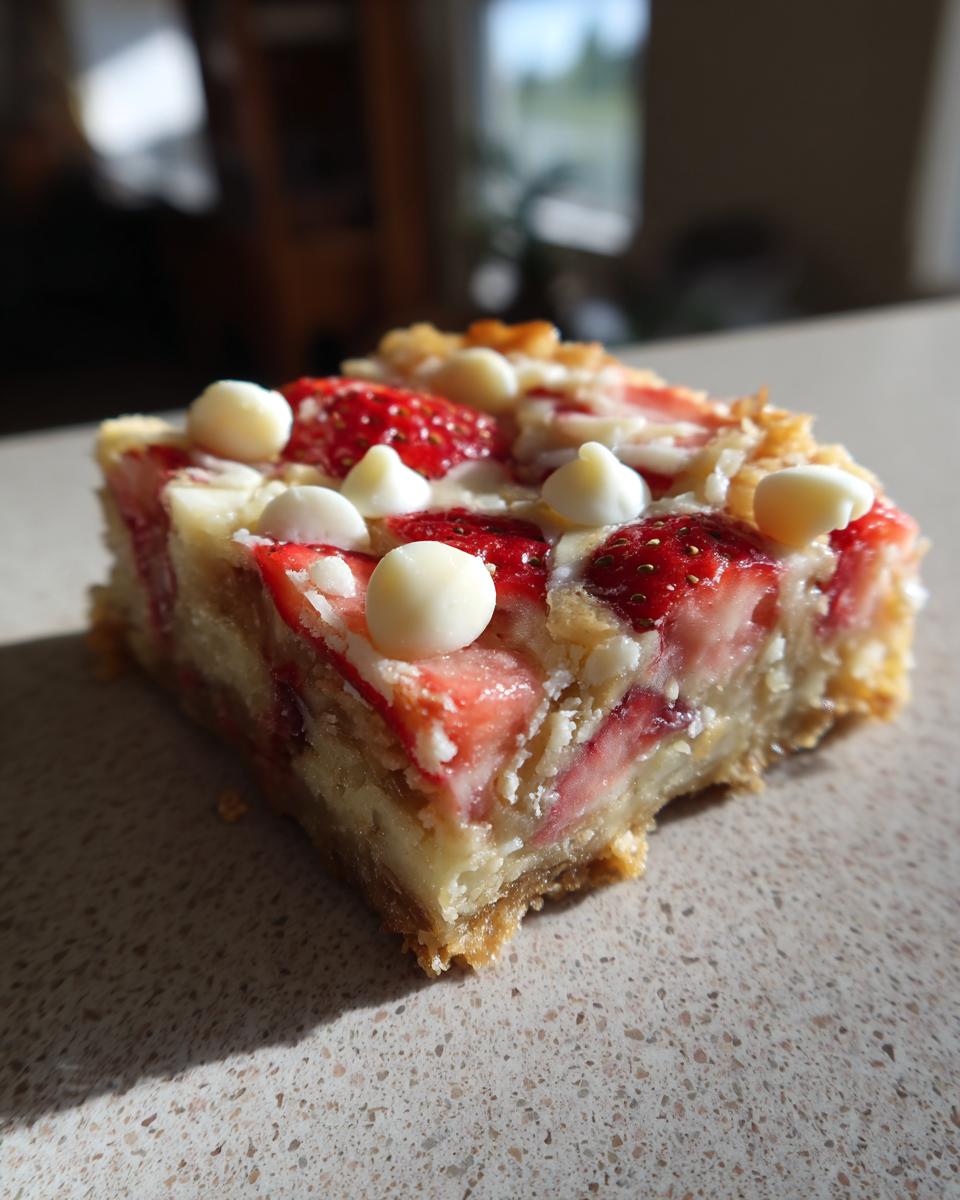 A close-up of a slice of Strawberries and Cream Magic Bars, showing fresh strawberries and white chocolate chips.
