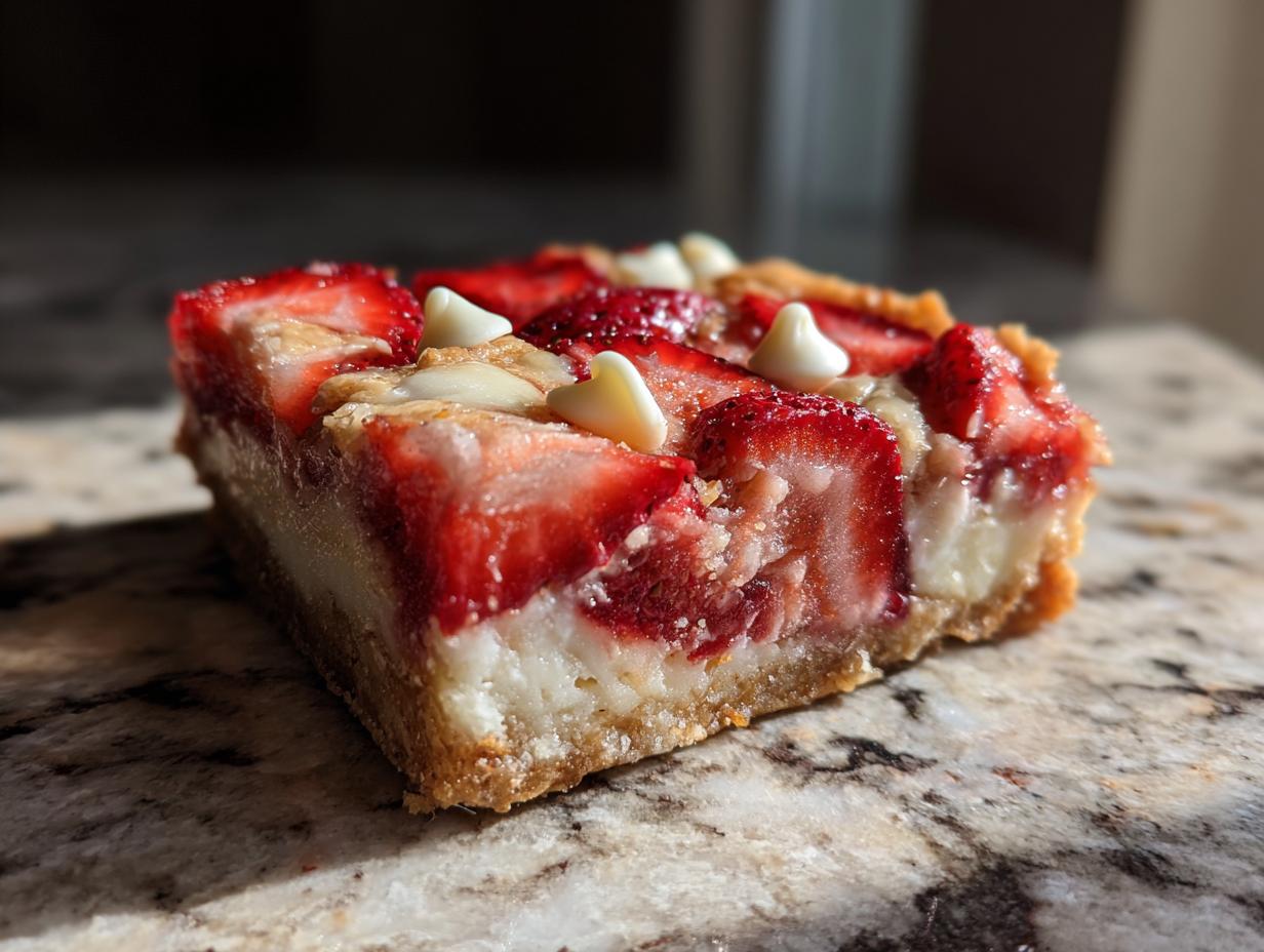 A close-up of a slice of Strawberries and Cream Magic Bars, showcasing fresh strawberries, creamy filling, and white chocolate chips.