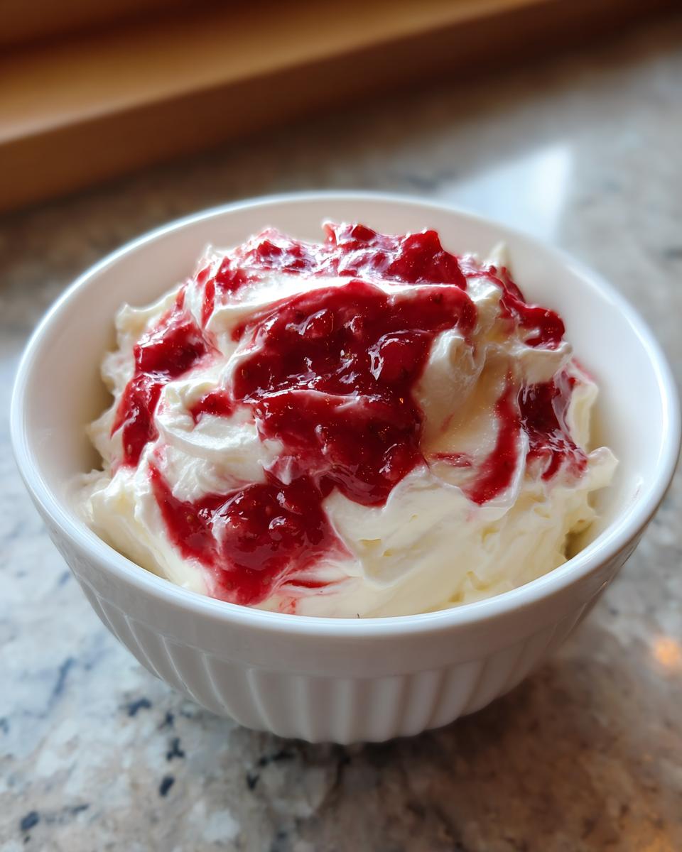 Close-up of creamy strawberry cheesecake dip in a white bowl, swirled with bright red strawberry topping.