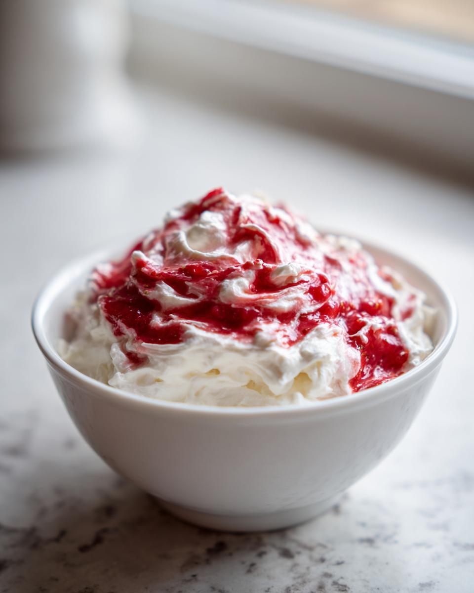 A close-up of creamy white strawberry cheesecake dip topped with bright red strawberry sauce in a small white bowl.