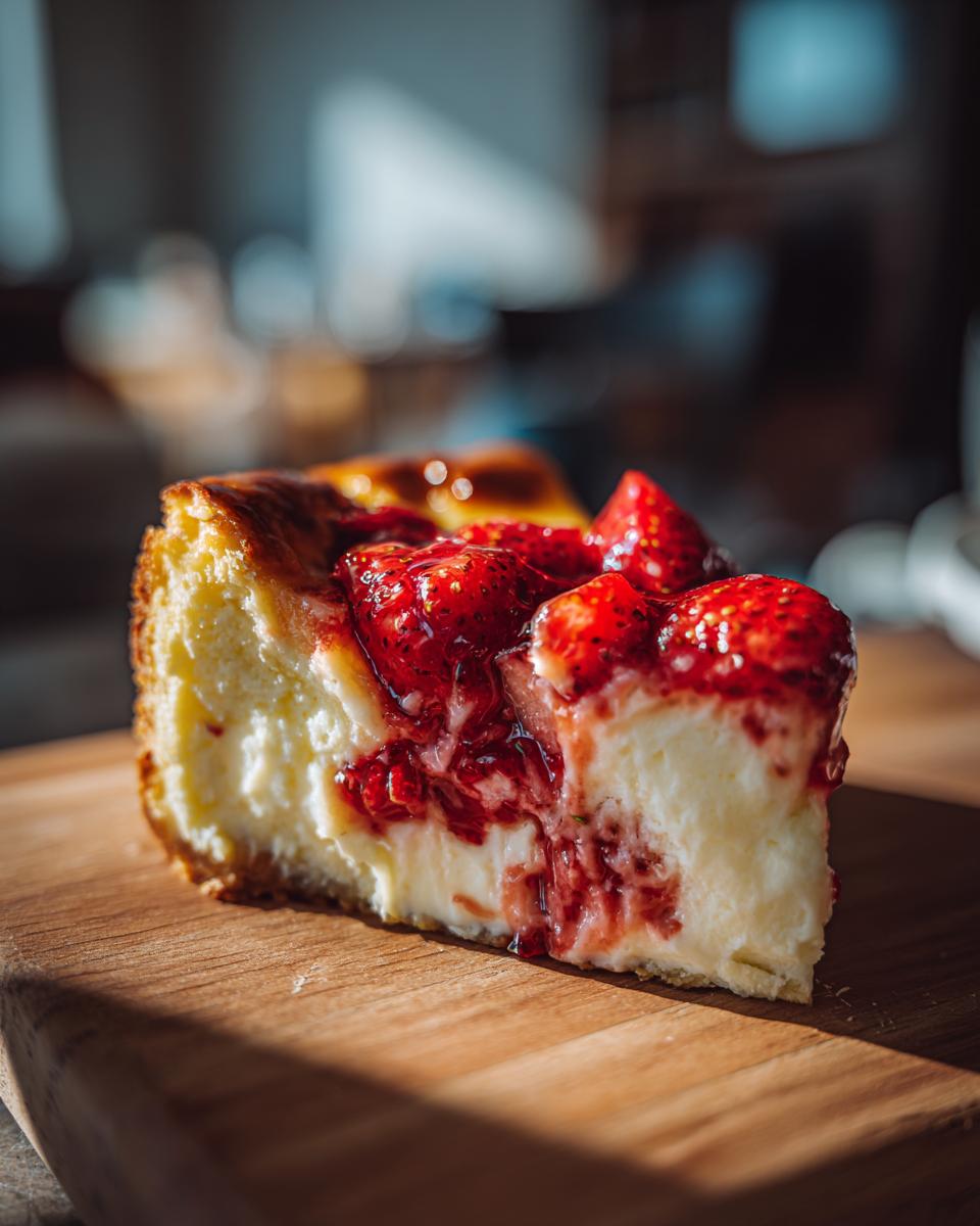 A close-up of a slice of strawberry dump cheesecake on a wooden board, topped with fresh strawberries and syrup.