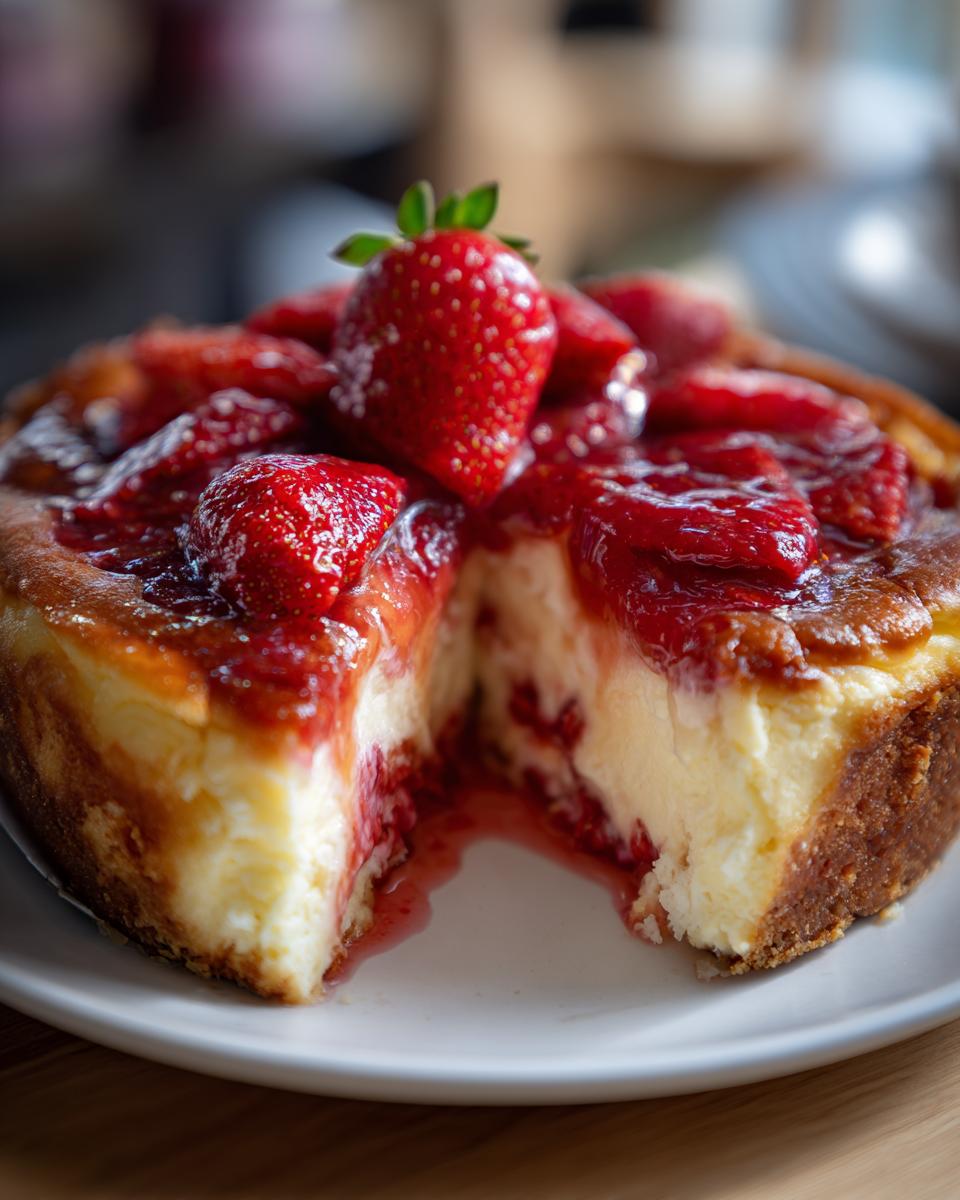 A slice of strawberry dump cheesecake with a graham cracker crust, topped with fresh strawberries and strawberry sauce.