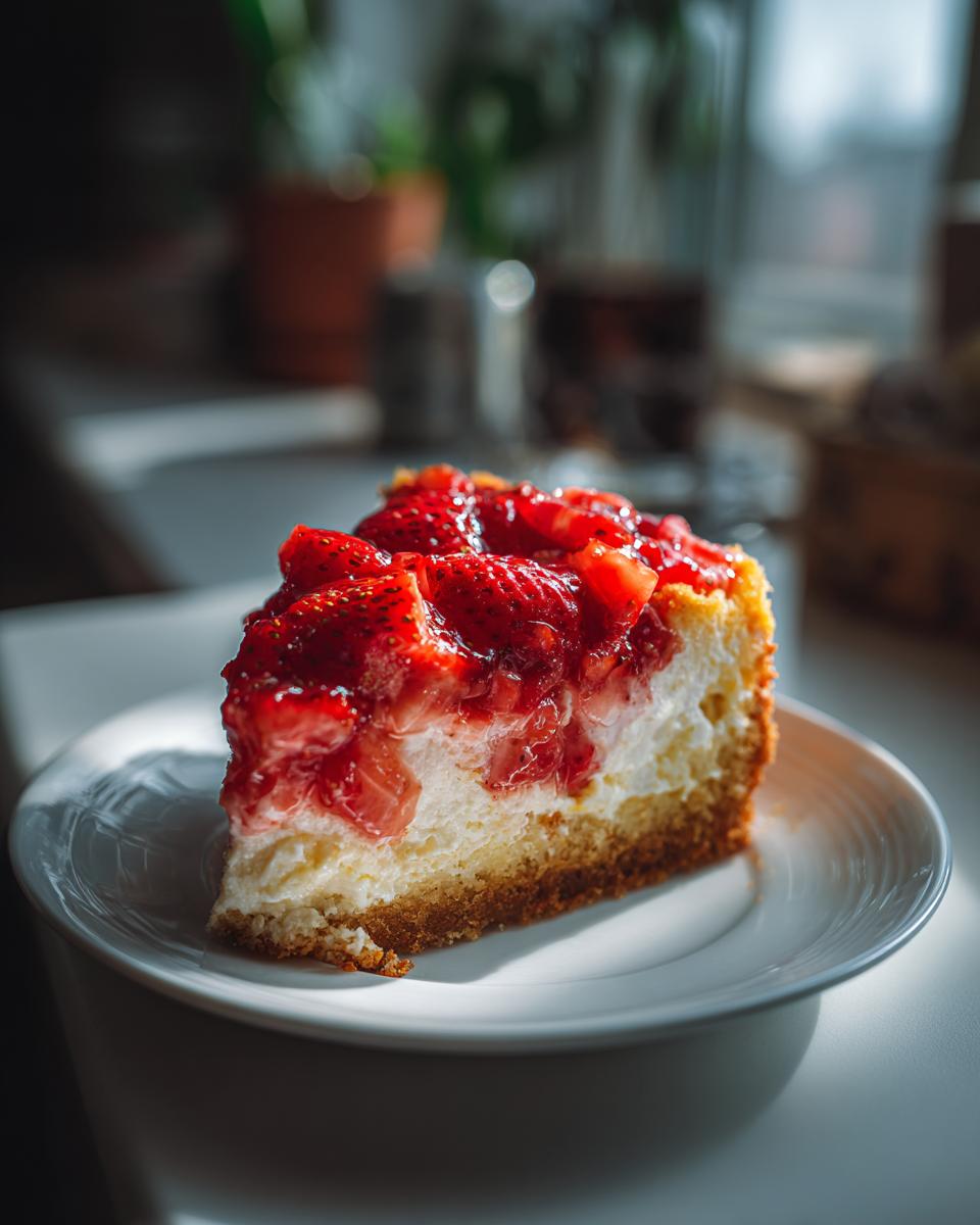 A delicious slice of strawberry dump cheesecake on a white plate, showcasing a creamy filling and fresh strawberry topping.