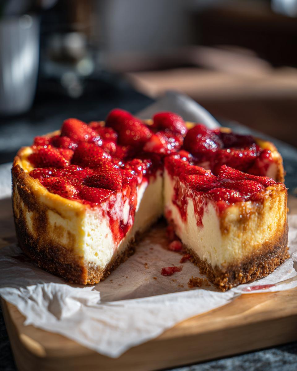 A slice of strawberry dump cheesecake topped with fresh strawberries and a glossy strawberry sauce.