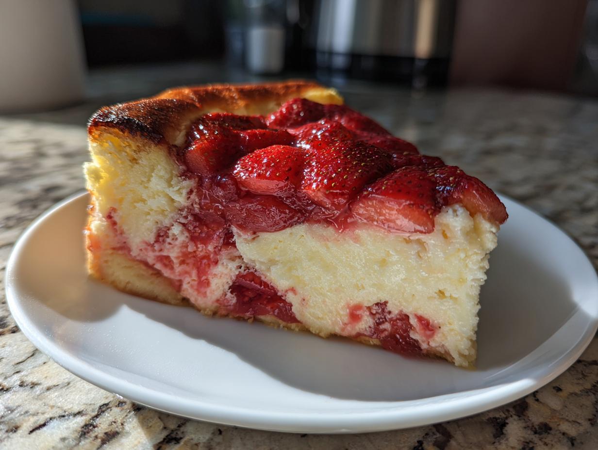 A delicious slice of strawberry dump cheesecake on a white plate, showcasing the creamy filling and fresh strawberry topping.