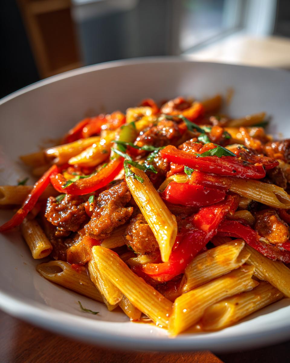 A close-up of a white bowl filled with sweet pepper and sausage pasta, featuring penne, red bell peppers, and savory sausage pieces.