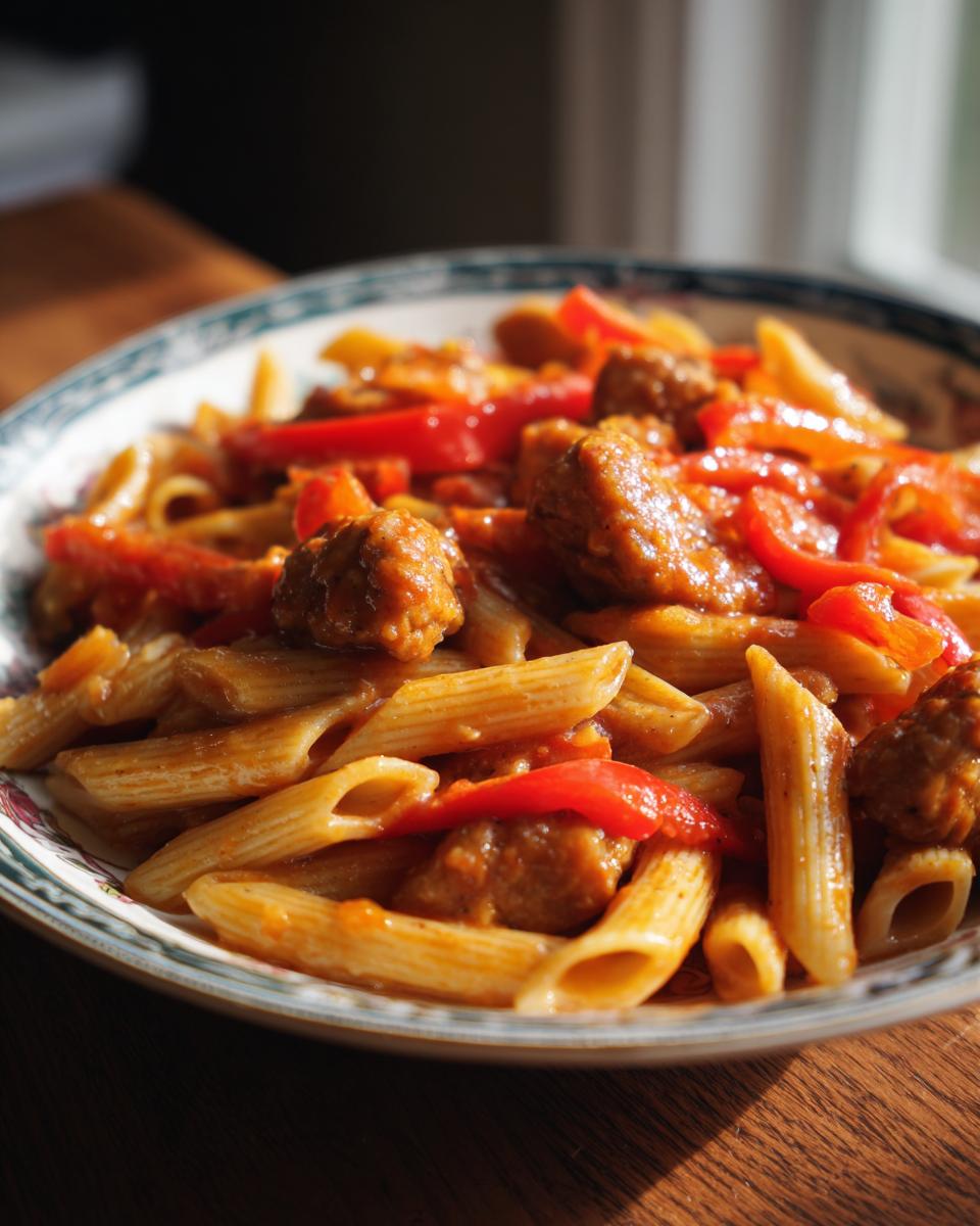 Close-up of sweet pepper and sausage pasta in a bowl, featuring penne pasta, sliced red peppers, and sausage pieces in a rich sauce.