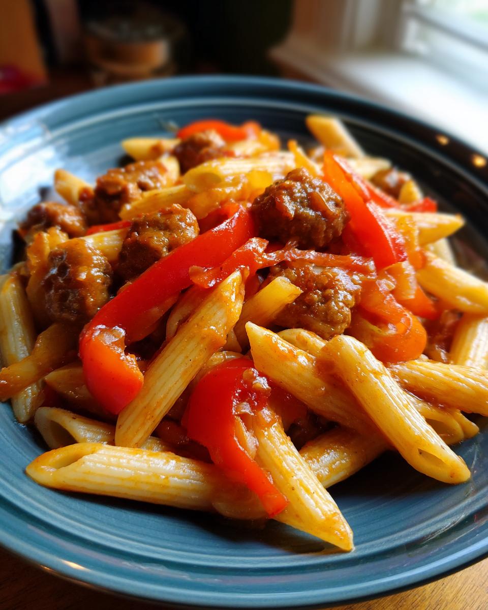 A close-up of a blue bowl filled with sweet pepper and sausage pasta, showcasing penne pasta, sliced red peppers, and sausage pieces in a rich sauce.