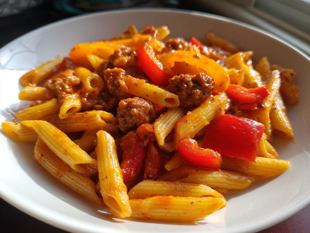 A bowl of penne pasta with sweet pepper and sausage in a rich tomato sauce.