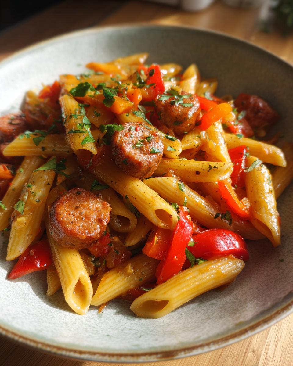 A close-up of sweet pepper and sausage pasta in a bowl, garnished with fresh parsley.