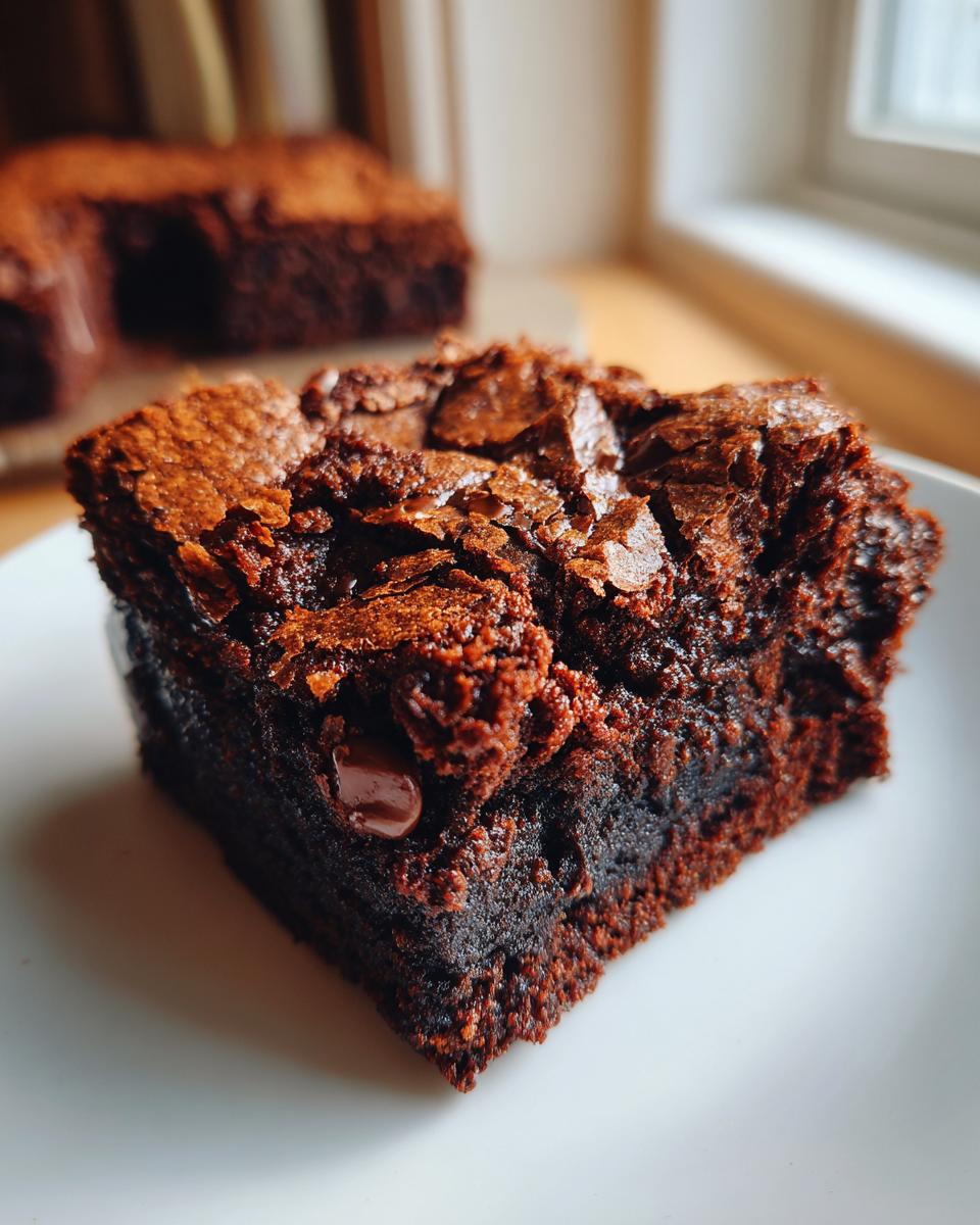 Close-up of a rich, fudgy sweet potato brownie with chocolate chips on a white plate.