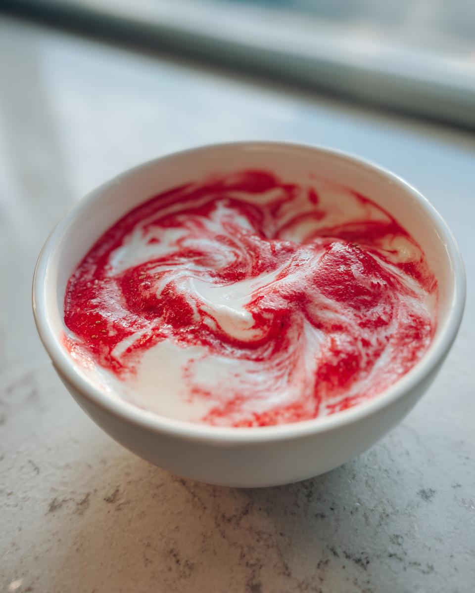 Close-up of creamy white strawberry cheesecake dip with bright red strawberry swirls in a small white bowl.