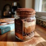 A layered tiramisu chia pudding in a glass jar, topped with cocoa powder.