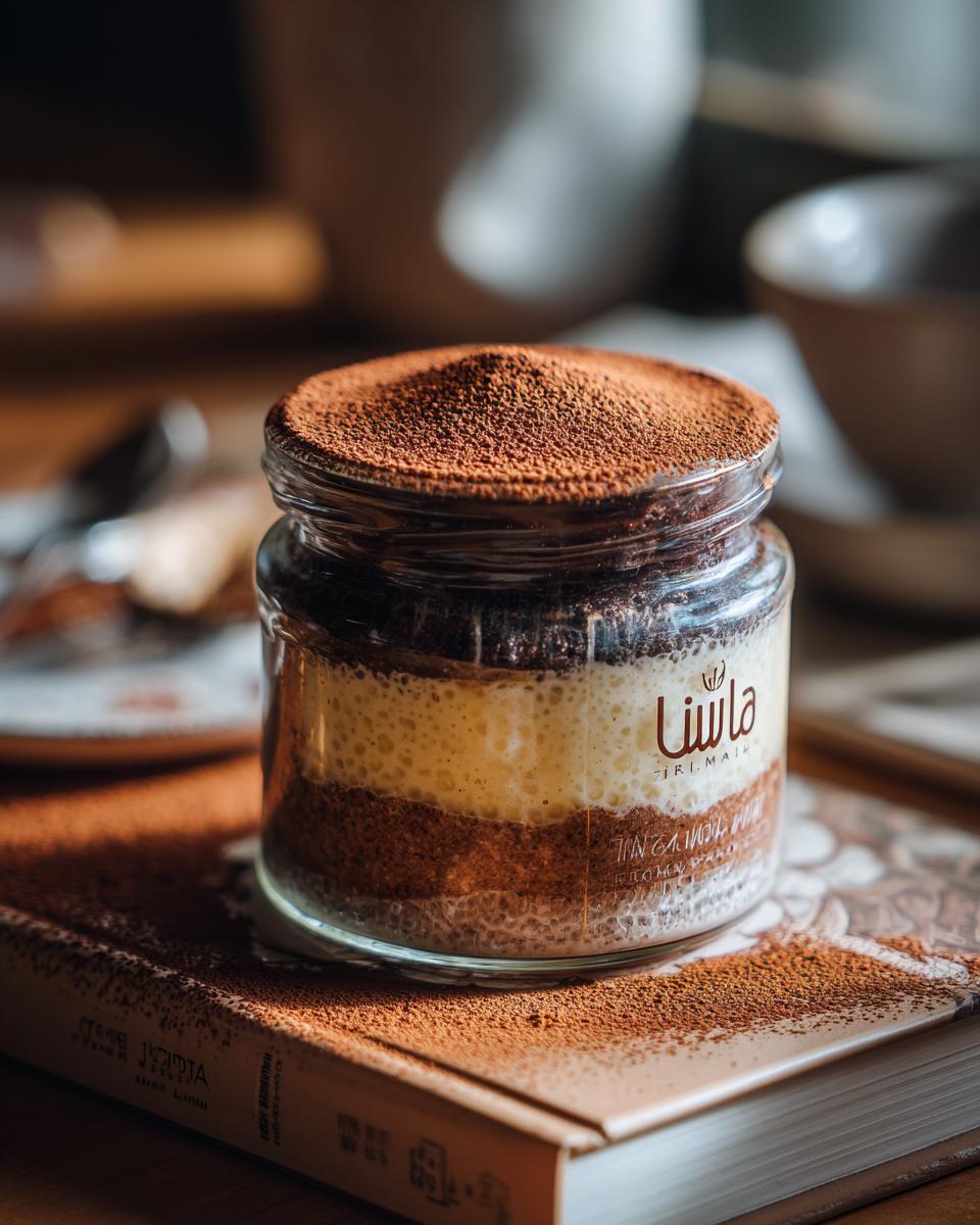 Close-up of a tiramisu chia pudding layered in a glass jar, topped with cocoa powder.