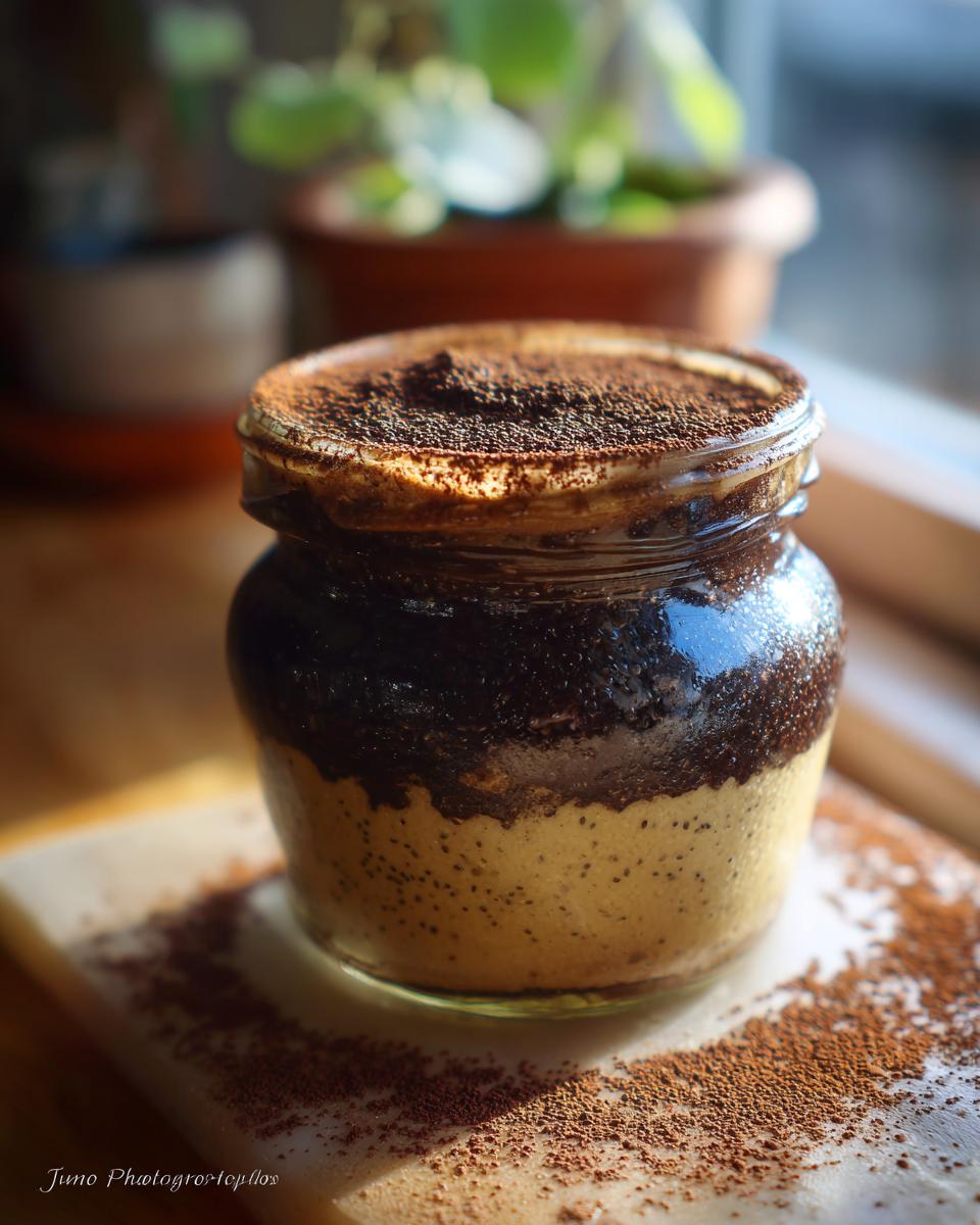 A single serving of tiramisu chia pudding in a glass jar, topped with cocoa powder.