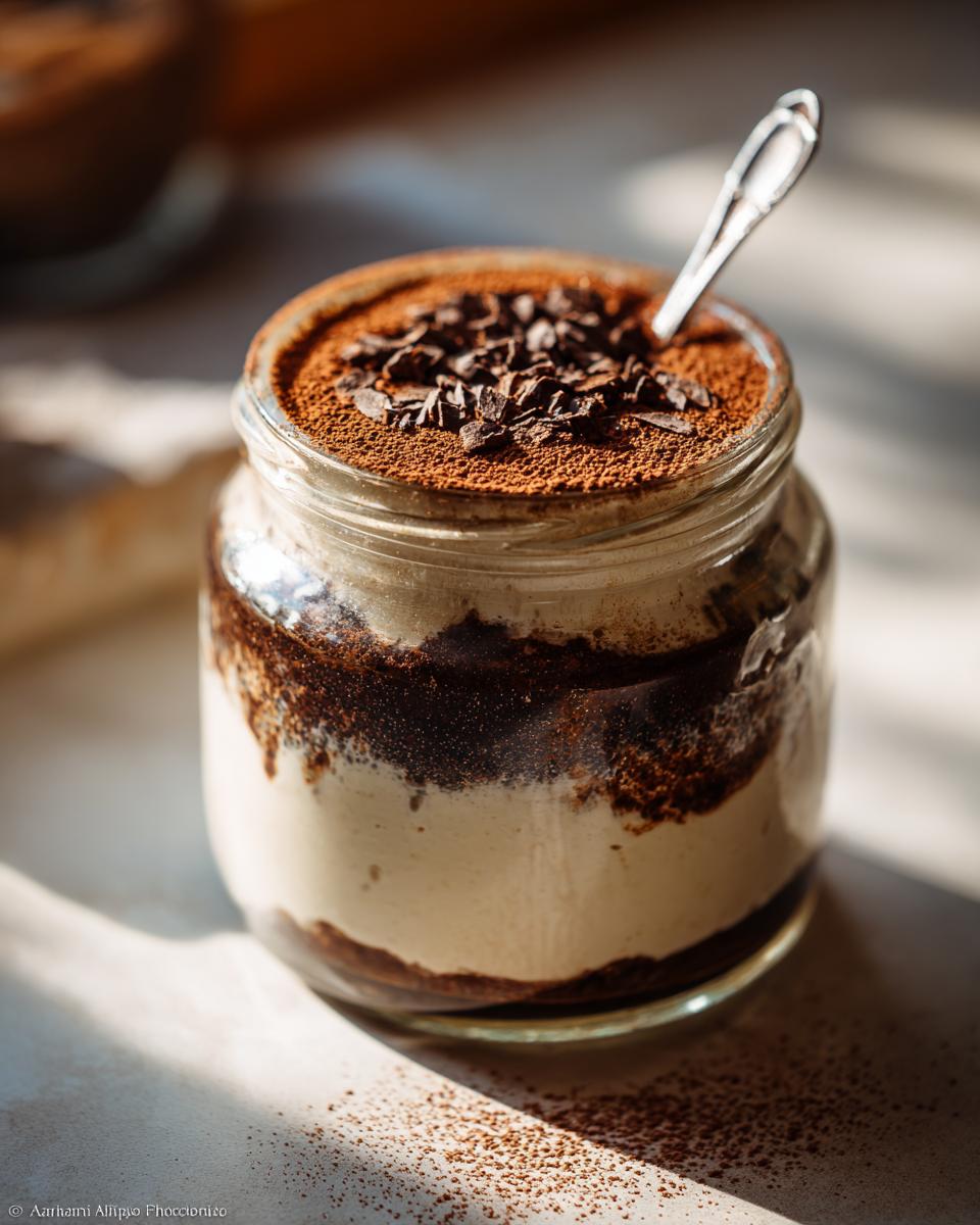 A close-up of tiramisu chia pudding layered in a glass jar, topped with cocoa powder and chocolate shavings.