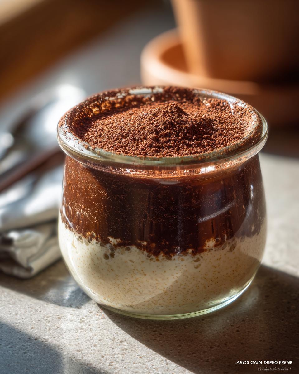 A glass jar filled with tiramisu chia pudding, topped with cocoa powder.