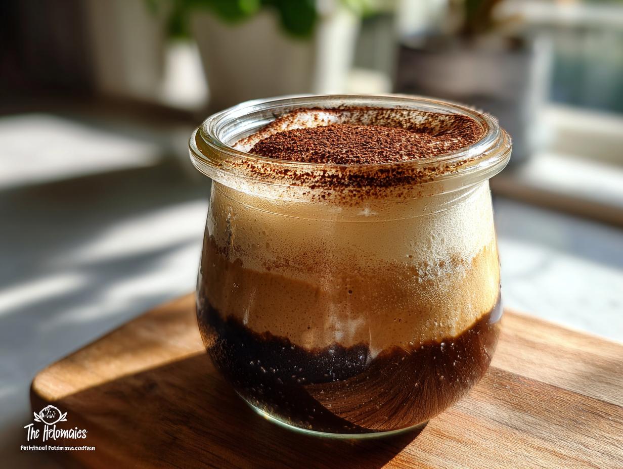 A layered tiramisu chia pudding in a glass jar, topped with cocoa powder.