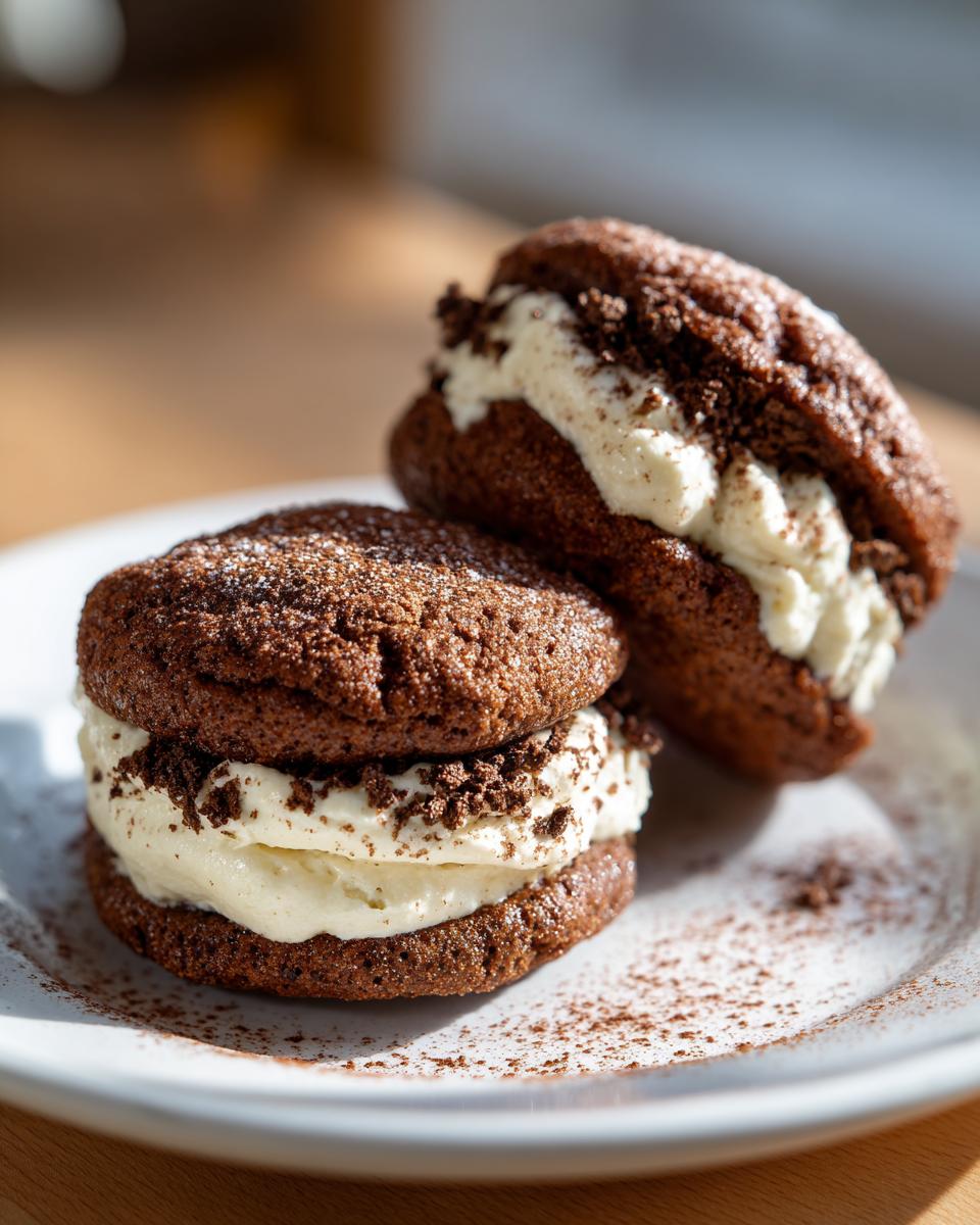 Two decadent tiramisu cookies filled with a rich cream and topped with cookie crumbs.