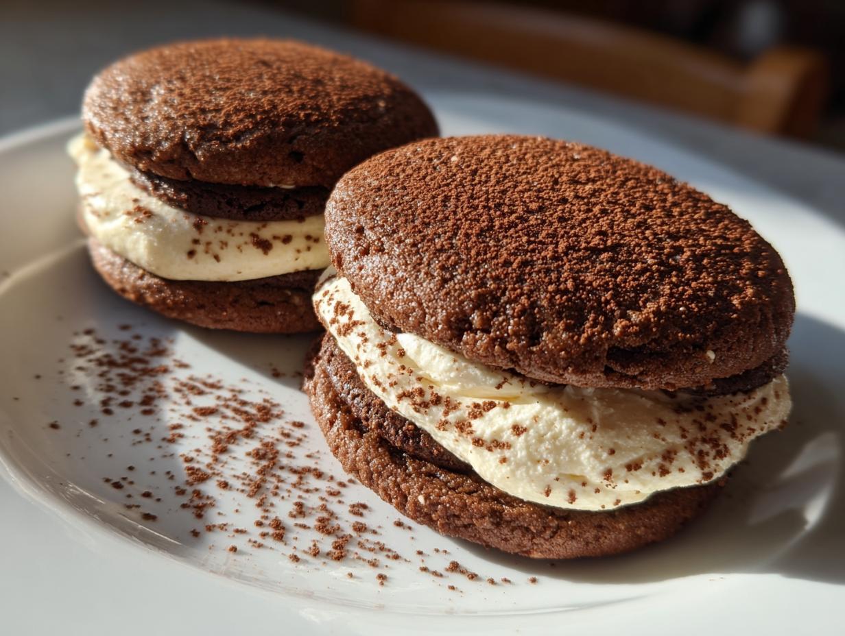 Two decadent tiramisu cookies filled with a rich cream and dusted with cocoa powder.